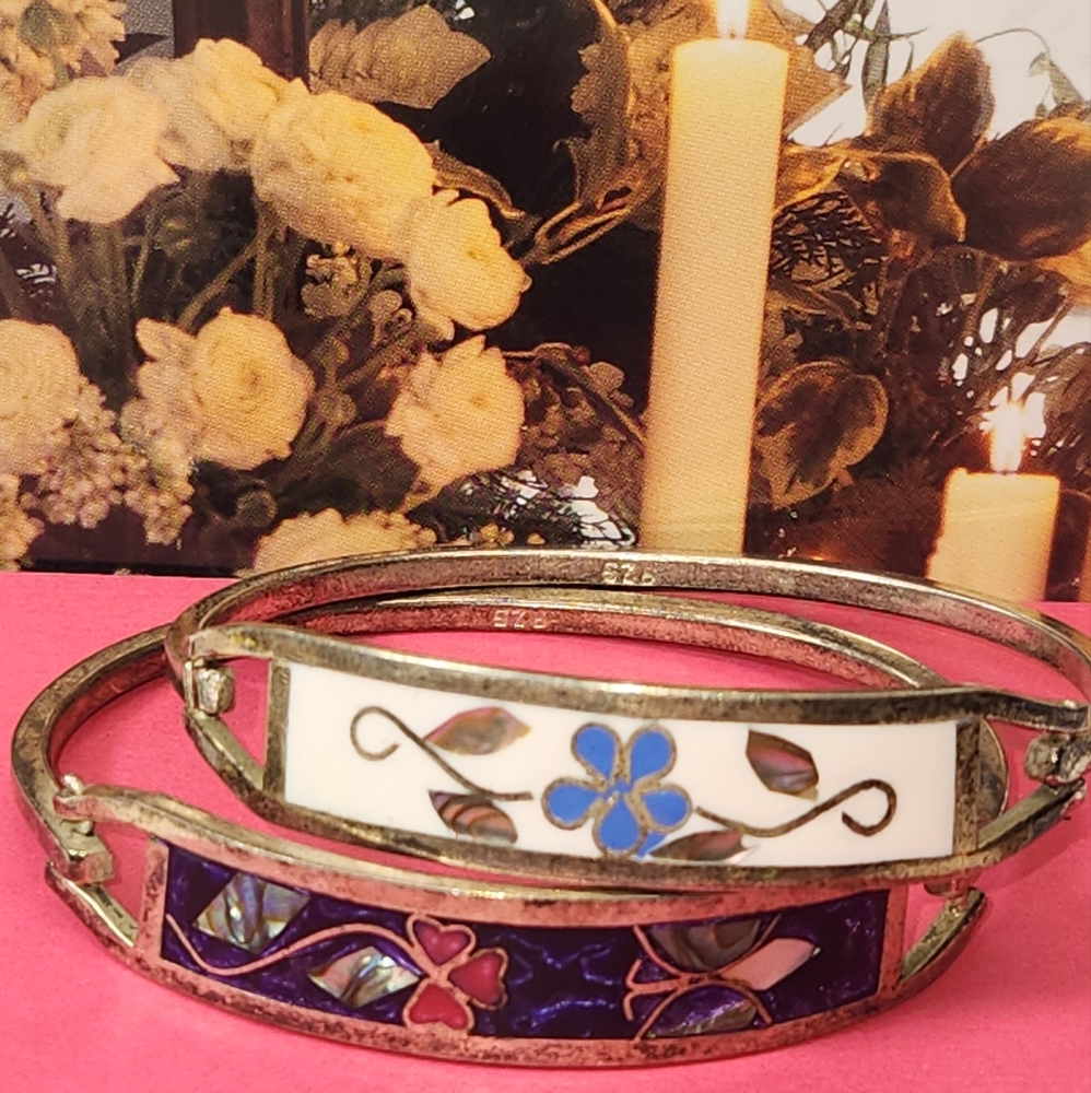 $2158, SIGNED 925 SILVER, 2 BRACELETS ALPACA MEXICO SILVER SHELL INLAY